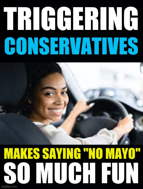 TRIGGERING; CONSERVATIVES; MAKES SAYING "NO MAYO"; SO MUCH FUN | image tagged in black woman smiling in car,mayo,cinco de mayo,racism,triggered conservatives,conservative hypocrisy | made w/ Imgflip meme maker