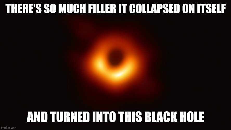 Black Hole First Pic | THERE'S SO MUCH FILLER IT COLLAPSED ON ITSELF AND TURNED INTO THIS BLACK HOLE | image tagged in black hole first pic | made w/ Imgflip meme maker