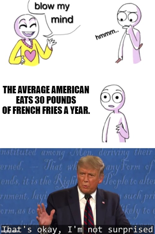 THE AVERAGE AMERICAN EATS 30 POUNDS OF FRENCH FRIES A YEAR. | image tagged in blow my mind,that's okay i'm not surprised | made w/ Imgflip meme maker