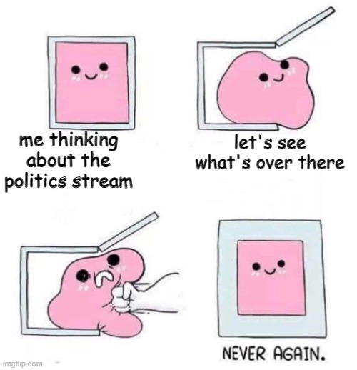 Never again | me thinking about the politics stream; let's see what's over there | image tagged in never again | made w/ Imgflip meme maker