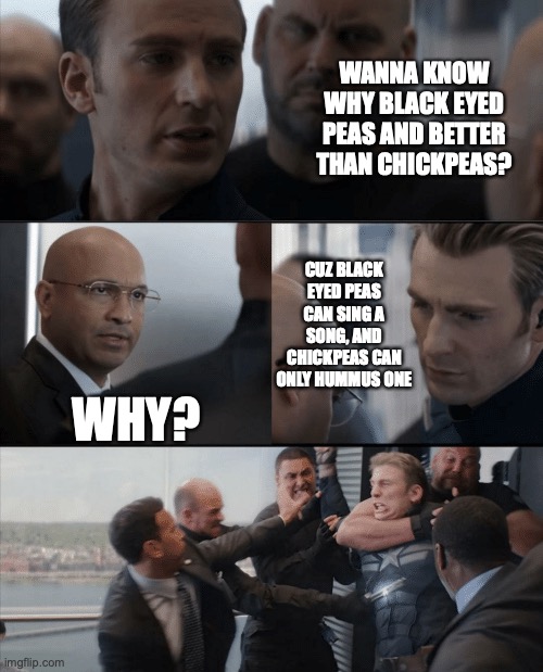 Captain America Elevator Fight | WANNA KNOW WHY BLACK EYED PEAS AND BETTER THAN CHICKPEAS? CUZ BLACK EYED PEAS CAN SING A SONG, AND CHICKPEAS CAN ONLY HUMMUS ONE; WHY? | image tagged in captain america elevator fight | made w/ Imgflip meme maker