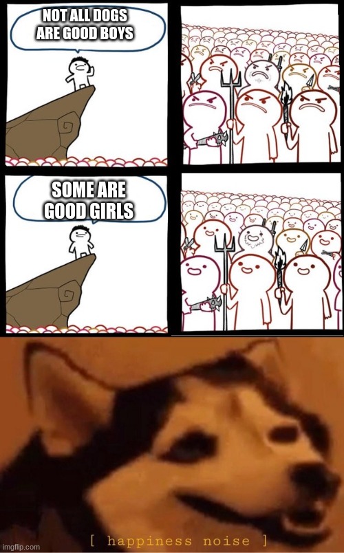 NOT ALL DOGS ARE GOOD BOYS; SOME ARE GOOD GIRLS | image tagged in angry crowd,happines noise | made w/ Imgflip meme maker