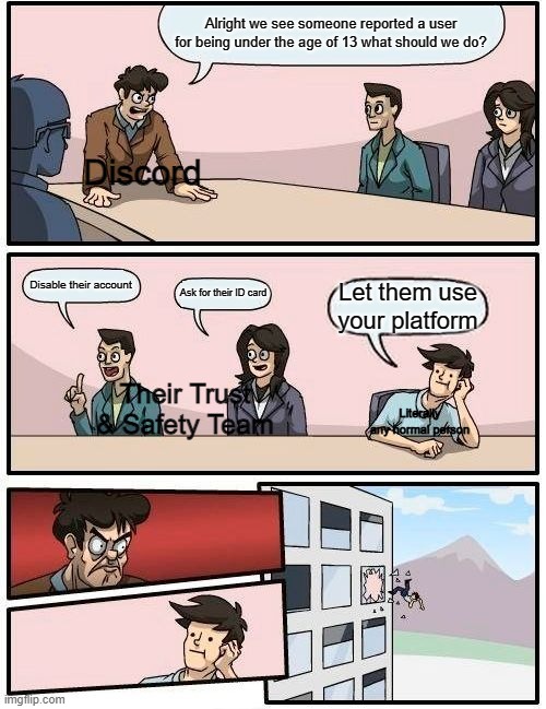 Boardroom Meeting Suggestion | Alright we see someone reported a user for being under the age of 13 what should we do? Discord; Disable their account; Ask for their ID card; Let them use your platform; Their Trust & Safety Team; Literally any normal person | image tagged in memes,boardroom meeting suggestion | made w/ Imgflip meme maker