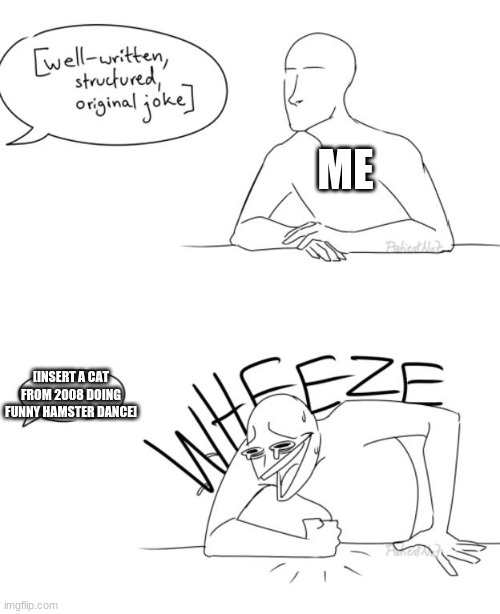 Wheeze | ME; [INSERT A CAT FROM 2008 DOING FUNNY HAMSTER DANCE] | image tagged in wheeze | made w/ Imgflip meme maker