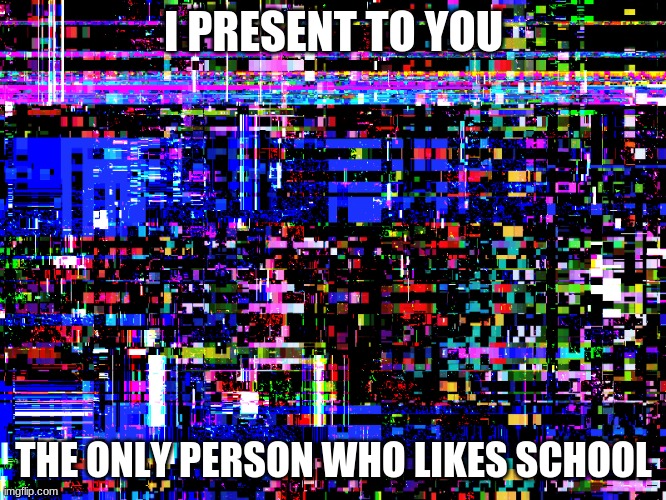 missing textures where tf is this image i forget it does not exist lolololol | I PRESENT TO YOU; THE ONLY PERSON WHO LIKES SCHOOL | image tagged in vhs texture glitch | made w/ Imgflip meme maker