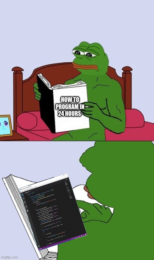 Programming Tutorials be like | HOW TO PROGRAM IN 24 HOURS | image tagged in pepe the frog meme blank,programming tutorials,how to code,how to program,how to program in 24 hours,pepe | made w/ Imgflip meme maker