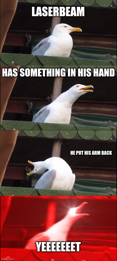 LAZER LAZER | LASERBEAM; HAS SOMETHING IN HIS HAND; HE PUT HIS ARM BACK; YEEEEEEET | image tagged in memes,inhaling seagull | made w/ Imgflip meme maker