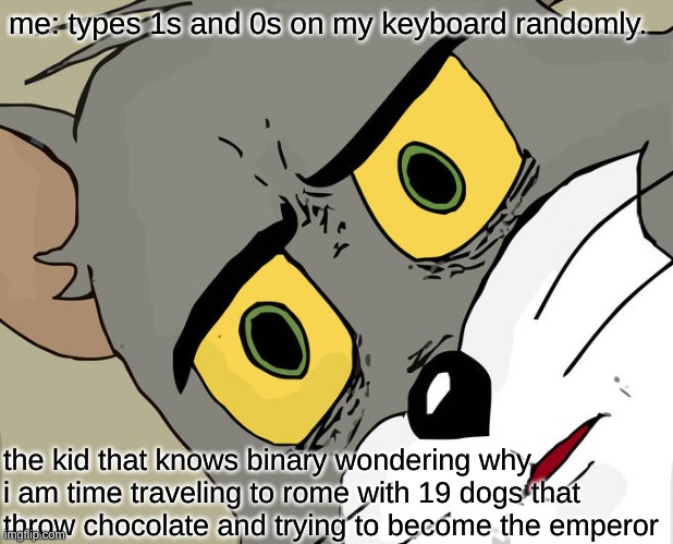 Original... | me: types 1s and 0s on my keyboard randomly. the kid that knows binary wondering why i am time traveling to rome with 19 dogs that throw chocolate and trying to become the emperor | image tagged in memes,unsettled tom | made w/ Imgflip meme maker