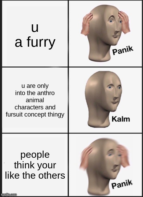 nOoOoOoO | u a furry; u are only into the anthro animal characters and fursuit concept thingy; people think your like the others | image tagged in memes,panik kalm panik | made w/ Imgflip meme maker