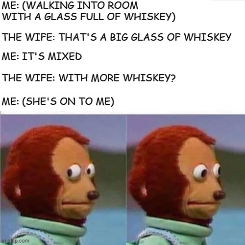 Guilty Monkey | ME: (WALKING INTO ROOM WITH A GLASS FULL OF WHISKEY); THE WIFE: THAT'S A BIG GLASS OF WHISKEY; ME: IT'S MIXED; THE WIFE: WITH MORE WHISKEY? ME: (SHE'S ON TO ME) | image tagged in guilty monkey | made w/ Imgflip meme maker