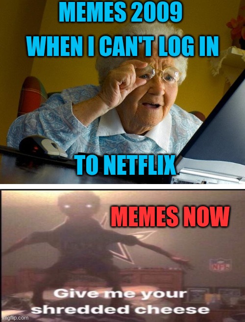 Grandma Finds The Internet | MEMES 2009; WHEN I CAN'T LOG IN; TO NETFLIX; MEMES NOW | image tagged in memes,grandma finds the internet | made w/ Imgflip meme maker