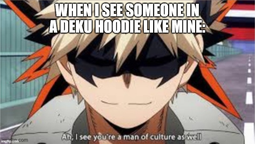 Ah, I see you're a man of culture as well bakugo version | WHEN I SEE SOMEONE IN A DEKU HOODIE LIKE MINE: | image tagged in ah i see you're a man of culture as well bakugo version | made w/ Imgflip meme maker