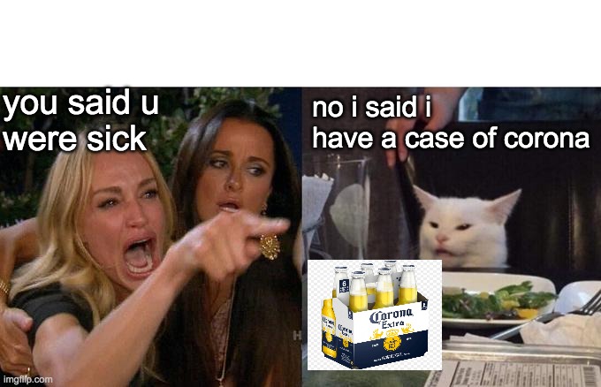 Woman Yelling At Cat | no i said i have a case of corona; you said u
were sick | image tagged in memes,woman yelling at cat | made w/ Imgflip meme maker