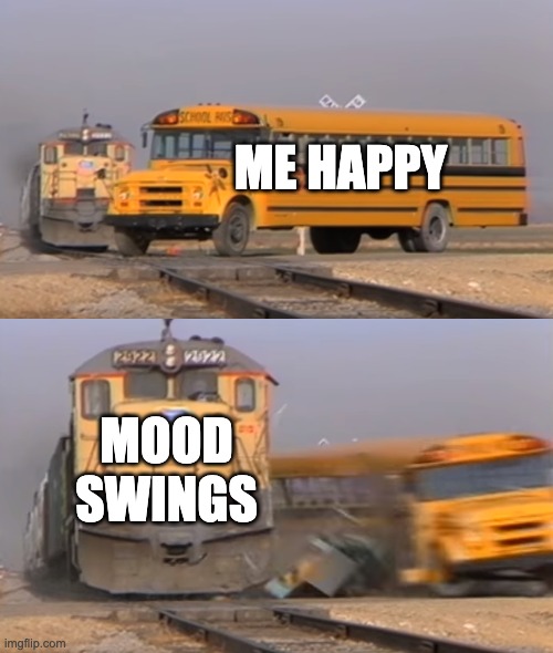 A train hitting a school bus | ME HAPPY; MOOD SWINGS | image tagged in a train hitting a school bus | made w/ Imgflip meme maker