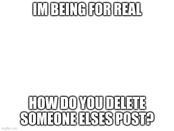 fr idk how and need to know | IM BEING FOR REAL; HOW DO YOU DELETE SOMEONE ELSES POST? | image tagged in blank white template | made w/ Imgflip meme maker