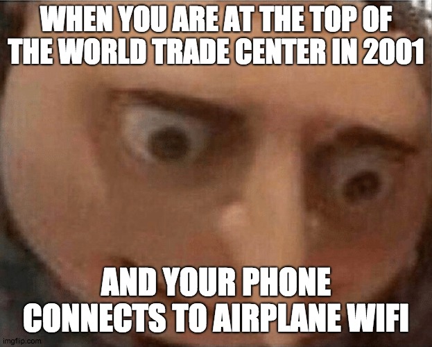 uh oh Gru | WHEN YOU ARE AT THE TOP OF THE WORLD TRADE CENTER IN 2001; AND YOUR PHONE CONNECTS TO AIRPLANE WIFI | image tagged in uh oh gru | made w/ Imgflip meme maker