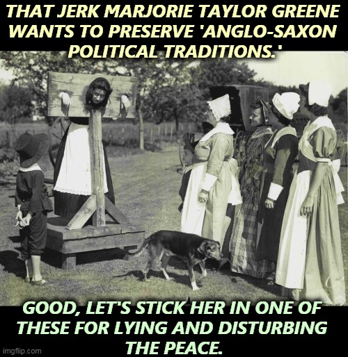 And throw rotten vegetables at her. That's a fine Anglo-Saxon tradition. | THAT JERK MARJORIE TAYLOR GREENE 
WANTS TO PRESERVE 'ANGLO-SAXON 
POLITICAL TRADITIONS.'; GOOD, LET'S STICK HER IN ONE OF 
THESE FOR LYING AND DISTURBING 
THE PEACE. | image tagged in conservative,jerks | made w/ Imgflip meme maker