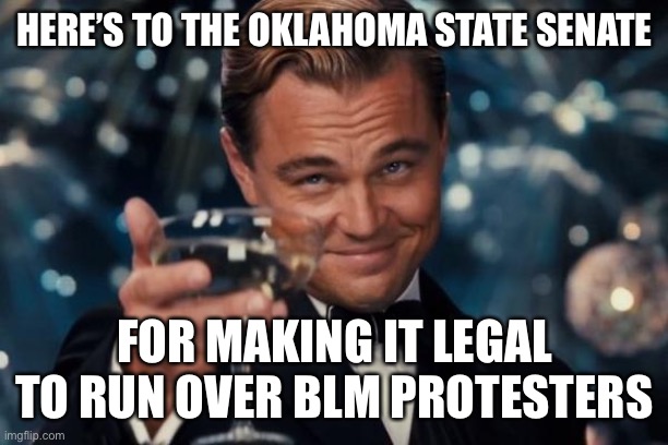 Leonardo Dicaprio Cheers | HERE’S TO THE OKLAHOMA STATE SENATE; FOR MAKING IT LEGAL TO RUN OVER BLM PROTESTERS | image tagged in leonardo dicaprio cheers,blm,maga | made w/ Imgflip meme maker