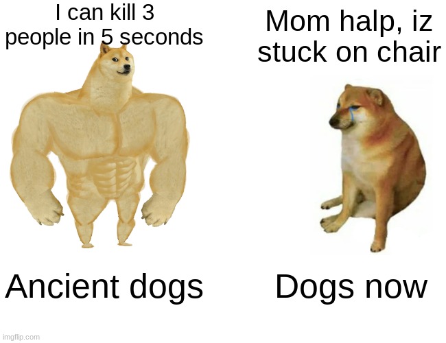 Buff Doge vs. Cheems | I can kill 3 people in 5 seconds; Mom halp, iz stuck on chair; Ancient dogs; Dogs now | image tagged in memes,buff doge vs cheems | made w/ Imgflip meme maker