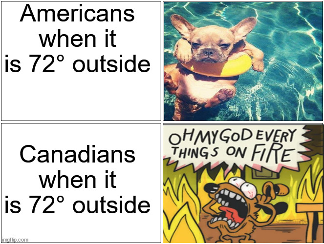 LOL very true | Americans when it is 72° outside; Canadians when it is 72° outside | image tagged in memes,blank comic panel 2x2,lol,funny memes | made w/ Imgflip meme maker