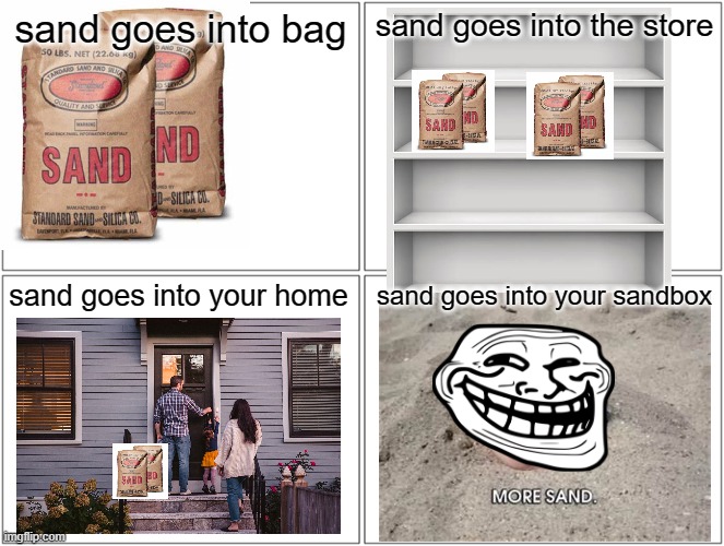 sand | sand goes into bag; sand goes into the store; sand goes into your home; sand goes into your sandbox | image tagged in memes,blank comic panel 2x2 | made w/ Imgflip meme maker