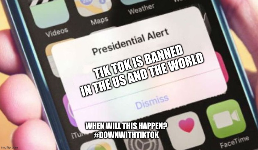I have a meme... | TIK TOK IS BANNED IN THE US AND THE WORLD; WHEN WILL THIS HAPPEN?
#DOWNWITHTIKTOK | image tagged in memes,presidential alert | made w/ Imgflip meme maker