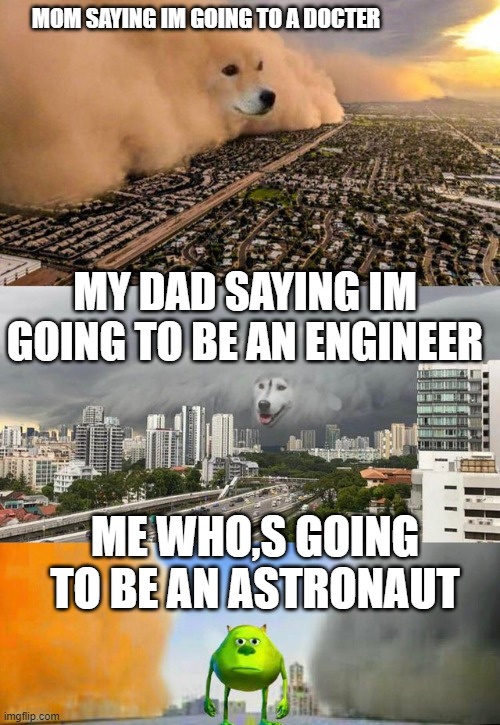 deciding jobs | MOM SAYING IM GOING TO A DOCTER; MY DAD SAYING IM GOING TO BE AN ENGINEER; ME WHO,S GOING TO BE AN ASTRONAUT | image tagged in dust doge storms and mikey caught in the middle | made w/ Imgflip meme maker