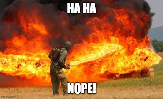 Nope flamethrower | HA HA NOPE! | image tagged in nope flamethrower | made w/ Imgflip meme maker