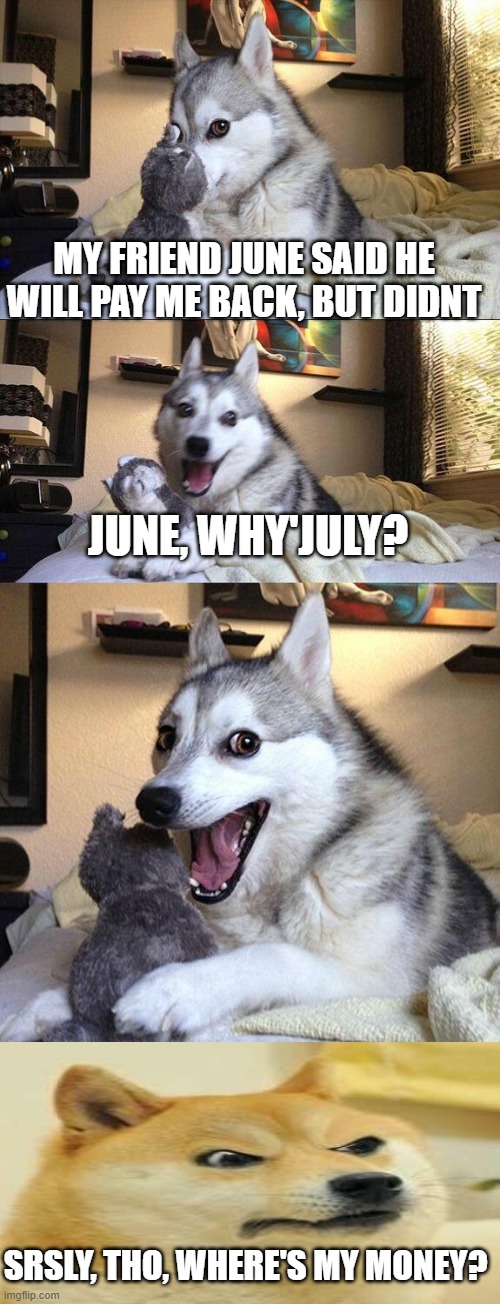 Why july sounds like Why'd you lie. NOW do u get it? | MY FRIEND JUNE SAID HE WILL PAY ME BACK, BUT DIDNT; JUNE, WHY'JULY? SRSLY, THO, WHERE'S MY MONEY? | image tagged in memes,bad pun dog | made w/ Imgflip meme maker