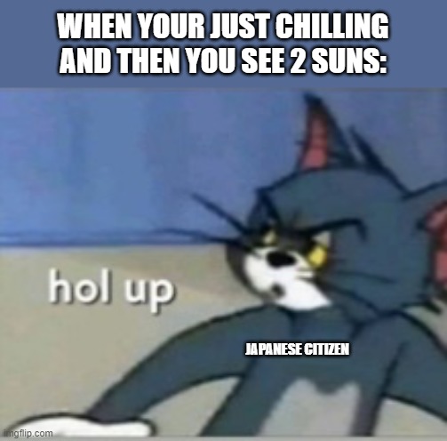 *You're | WHEN YOUR JUST CHILLING AND THEN YOU SEE 2 SUNS:; JAPANESE CITIZEN | image tagged in hol up | made w/ Imgflip meme maker