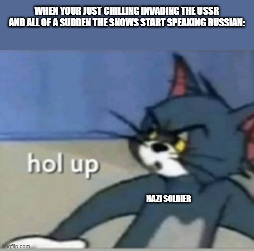 Hol up |  WHEN YOUR JUST CHILLING INVADING THE USSR AND ALL OF A SUDDEN THE SNOWS START SPEAKING RUSSIAN:; NAZI SOLDIER | image tagged in hol up | made w/ Imgflip meme maker