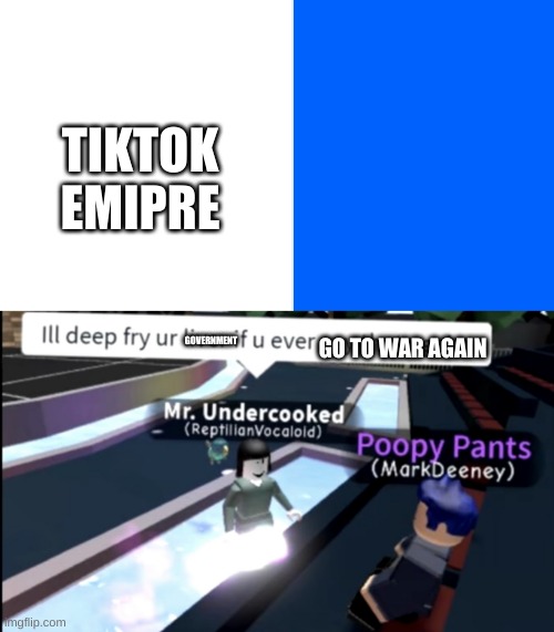 TIKTOK EMIPRE; GOVERNMENT; GO TO WAR AGAIN | image tagged in i will deep fry you liver if you ever say that again,ill deep fry tiktoks founder if i knew him | made w/ Imgflip meme maker