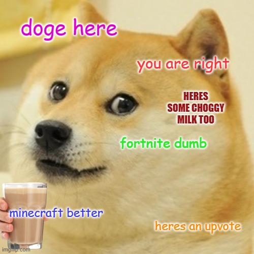 Doge Meme | doge here you are right fortnite dumb minecraft better heres an upvote HERES SOME CHOGGY MILK TOO | image tagged in memes,doge | made w/ Imgflip meme maker