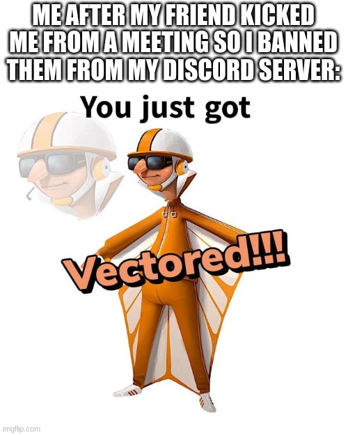 You just got Vectored | ME AFTER MY FRIEND KICKED ME FROM A MEETING SO I BANNED THEM FROM MY DISCORD SERVER: | image tagged in you just got vectored | made w/ Imgflip meme maker