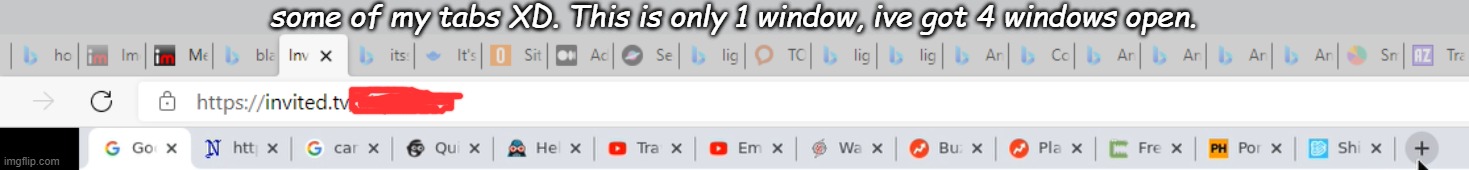 some of my tabs XD. This is only 1 window, ive got 4 windows open. | made w/ Imgflip meme maker