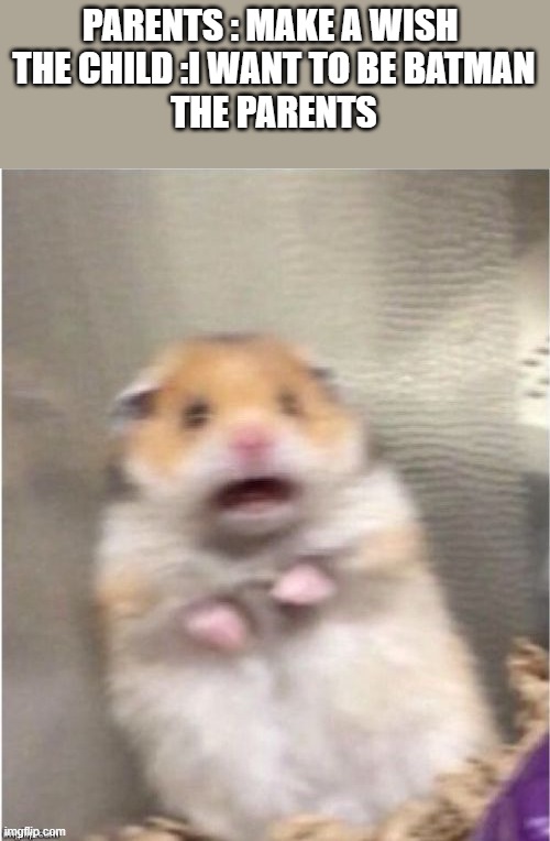 Scared Hamster | PARENTS : MAKE A WISH 
THE CHILD :I WANT TO BE BATMAN
THE PARENTS | image tagged in scared hamster | made w/ Imgflip meme maker