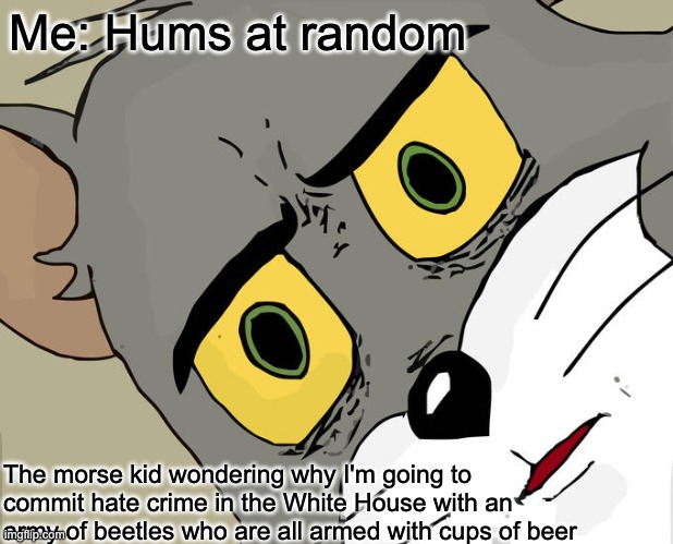 .______. | Me: Hums at random; The morse kid wondering why I'm going to commit hate crime in the White House with an army of beetles who are all armed with cups of beer | image tagged in memes,unsettled tom,lol,funny,cats,morse code | made w/ Imgflip meme maker