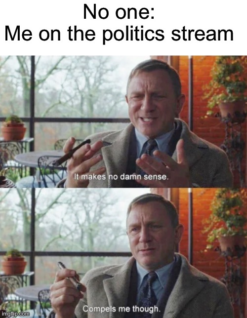 No one:
Me on the politics stream | image tagged in blank white template,it makes no damn sense compels me though | made w/ Imgflip meme maker