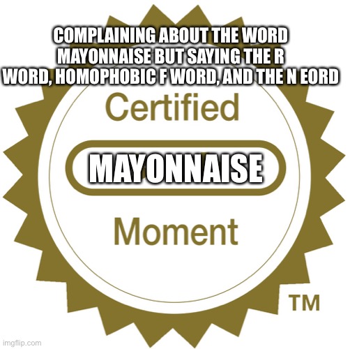 Certified bruh moment | COMPLAINING ABOUT THE WORD MAYONNAISE BUT SAYING THE R WORD, HOMOPHOBIC F WORD, AND THE N WORD; MAYONNAISE | image tagged in certified bruh moment | made w/ Imgflip meme maker