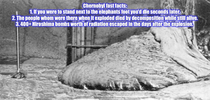 Chernobyl fast facts | Chernobyl fast facts:
1. If you were to stand next to the elephants foot you’d die seconds later.
2. The people whom were there when it exploded died by decomposition while still alive.
3. 400+ Hiroshima bombs worth of radiation escaped in the days after the explosion. | image tagged in chernobyl,memes,meme,fast facts,facts | made w/ Imgflip meme maker