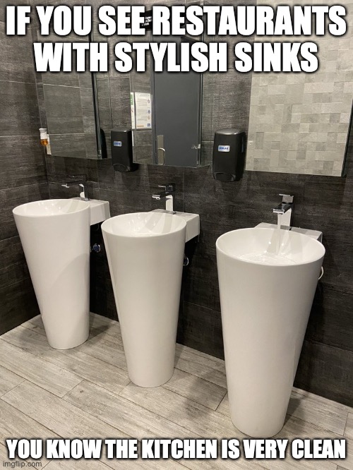Restroom with Stylish Sinks | IF YOU SEE RESTAURANTS WITH STYLISH SINKS; YOU KNOW THE KITCHEN IS VERY CLEAN | image tagged in sink,restaurant,restroom,memes | made w/ Imgflip meme maker