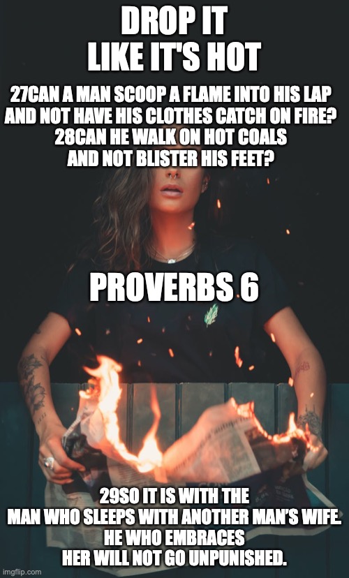 Don't Play With Fire | DROP IT LIKE IT'S HOT; 27CAN A MAN SCOOP A FLAME INTO HIS LAP
AND NOT HAVE HIS CLOTHES CATCH ON FIRE?
28CAN HE WALK ON HOT COALS
AND NOT BLISTER HIS FEET? PROVERBS 6; 29SO IT IS WITH THE MAN WHO SLEEPS WITH ANOTHER MAN’S WIFE.
HE WHO EMBRACES HER WILL NOT GO UNPUNISHED. | image tagged in fornication,infidelity,unfaithfulness,adultery,falseness | made w/ Imgflip meme maker