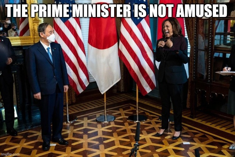 The Prime minister is not amused | THE PRIME MINISTER IS NOT AMUSED | image tagged in kamala harris,japan | made w/ Imgflip meme maker