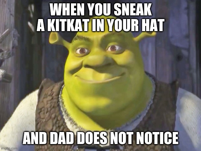 happy shrek meme | WHEN YOU SNEAK A KITKAT IN YOUR HAT; AND DAD DOES NOT NOTICE | image tagged in happy shrek meme | made w/ Imgflip meme maker