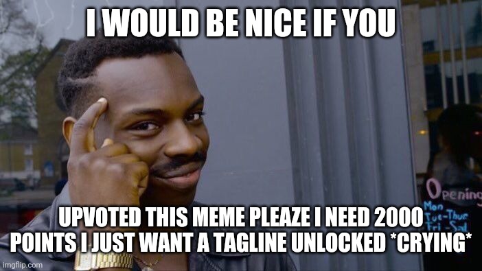 SJDJDJDJSKD | I WOULD BE NICE IF YOU; UPVOTED THIS MEME PLEAZE I NEED 2000 POINTS I JUST WANT A TAGLINE UNLOCKED *CRYING* | image tagged in memes,roll safe think about it | made w/ Imgflip meme maker