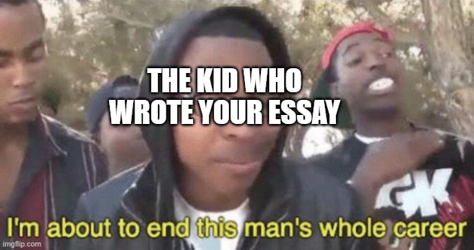 I’m about to end this man’s whole career | THE KID WHO WROTE YOUR ESSAY | image tagged in i m about to end this man s whole career | made w/ Imgflip meme maker