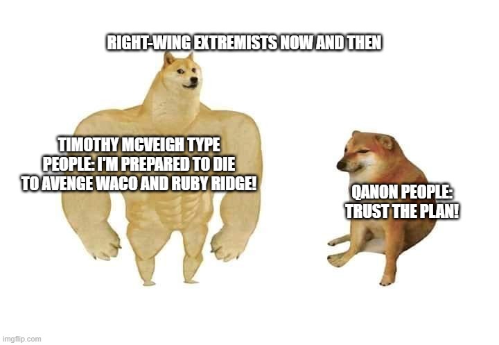 doge then and now | RIGHT-WING EXTREMISTS NOW AND THEN; QANON PEOPLE: TRUST THE PLAN! TIMOTHY MCVEIGH TYPE PEOPLE: I'M PREPARED TO DIE TO AVENGE WACO AND RUBY RIDGE! | image tagged in doge then and now | made w/ Imgflip meme maker