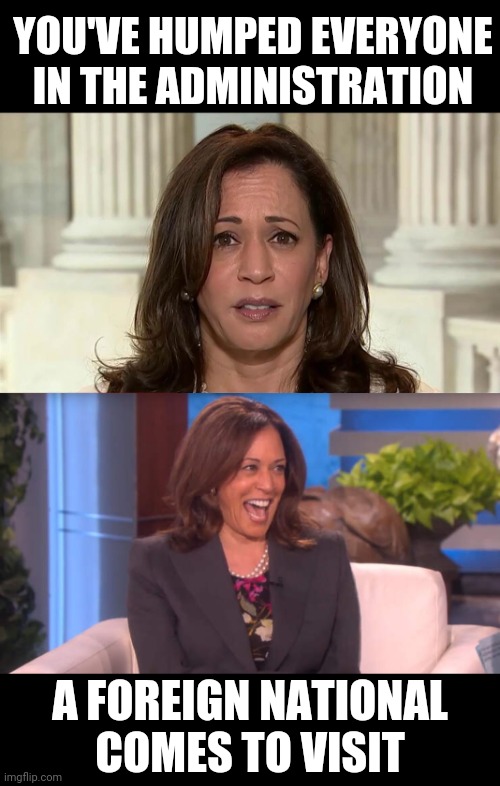 YOU'VE HUMPED EVERYONE IN THE ADMINISTRATION; A FOREIGN NATIONAL
COMES TO VISIT | image tagged in kamala harris,kamala laughing after threatening trump with a death | made w/ Imgflip meme maker