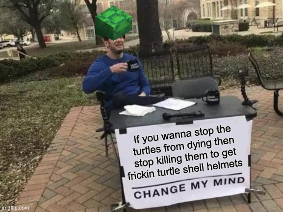 So true | If you wanna stop the turtles from dying then stop killing them to get frickin turtle shell helmets | image tagged in memes,change my mind,minecraft | made w/ Imgflip meme maker