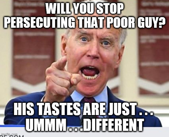 Joe Biden no malarkey | WILL YOU STOP PERSECUTING THAT POOR GUY? HIS TASTES ARE JUST . . . 
UMMM . . .DIFFERENT | image tagged in joe biden no malarkey | made w/ Imgflip meme maker